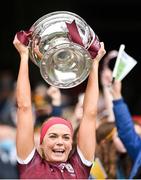 12 September 2021; Galway captain Sarah Dervan lifts the O'Duffy Cup after the All-Ireland Senior Camogie Championship Final match between Cork and Galway at Croke Park in Dublin. Photo by Piaras Ó Mídheach/Sportsfile