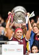 12 September 2021; Galway captain Sarah Dervan lifts the O'Duffy Cup after the All-Ireland Senior Camogie Championship Final match between Cork and Galway at Croke Park in Dublin. Photo by Piaras Ó Mídheach/Sportsfile