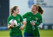 14 September 2021; Heather Payne, left, and goalkeeper Courtney Brosnan during a Republic of Ireland training session at the FAI National Training Centre in Abbotstown, Dublin. Photo by Stephen McCarthy/Sportsfile