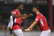 14 September 2021; Andre Wright of Sligo Rovers, left, is congratulated by team-mate Greg Bolger after scoring their side's first goal during the SSE Airtricity League Premier Division match between Sligo Rovers and Dundalk at The Showgrounds in Sligo. Photo by Seb Daly/Sportsfile