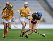12 September 2021; Leann Fennelly of Kilkenny gets away from Aine Magill of Antrim during the All-Ireland Intermediate Camogie Championship Final match between Antrim and Kilkenny at Croke Park in Dublin. Photo by Piaras Ó Mídheach/Sportsfile