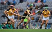 12 September 2021; Ciara O’Keefe of Kilkenny in action against Caoimhe Conlon, left, and Colleen Patterson of Antrim during the All-Ireland Intermediate Camogie Championship Final match between Antrim and Kilkenny at Croke Park in Dublin. Photo by Piaras Ó Mídheach/Sportsfile