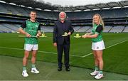 15 September 2021; Today saw the launch of the 2021 M. Donnelly GAA All-Ireland Poc Fada Finals by Uachtarán Chumann Lúthchleas Gael, Larry McCarthy, and Uachtarán an Cumann Camógaíochta Hilda Breslin. The All-Ireland Poc Fada finals in Hurling and Camogie will be held on the Cooley Mountains on Saturday 25th September. Pictured at the launch in Croke Park, Dublin, are, from left, Kilkenny hurler Eoin Murphy, sponsor Martin Donnelly, and Antrim Camogie player Roisin McCormick. Photo by Seb Daly/Sportsfile