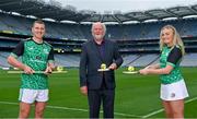 15 September 2021; Today saw the launch of the 2021 M. Donnelly GAA All-Ireland Poc Fada Finals by Uachtarán Chumann Lúthchleas Gael, Larry McCarthy, and Uachtarán an Cumann Camógaíochta Hilda Breslin. The All-Ireland Poc Fada finals in Hurling and Camogie will be held on the Cooley Mountains on Saturday 25th September. Pictured at the launch in Croke Park, Dublin, are, from left, Kilkenny hurler Eoin Murphy, sponsor Martin Donnelly, and Antrim Camogie player Roisin McCormack. Photo by Seb Daly/Sportsfile