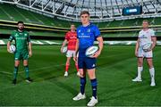 15 September 2021; Garry Ringrose of Leinster, with from left, Paul Boyle of Connacht, Chris Farrell of Munster and Kieran Treadwell of Ulster during the United Rugby Championship launch at the Aviva Stadium in Dublin. Photo by Brendan Moran/Sportsfile