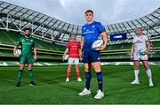 15 September 2021; Garry Ringrose of Leinster, with from left, Paul Boyle of Connacht, Chris Farrell of Munster and Kieran Treadwell of Ulster during the United Rugby Championship launch at the Aviva Stadium in Dublin. Photo by Brendan Moran/Sportsfile