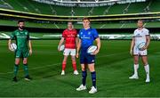 15 September 2021; Garry Ringrose of Leinster, with from left, Paul Boyle of Connacht, Chris Farrell of Munster and Kieran Treadwell of Ulster during the United Rugby Championship launch at the Aviva Stadium in Dublin. Photo by Brendan Moran/Sportsfile