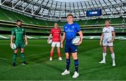 15 September 2021; Garry Ringrose of Leinster, with from left, Paul Boyle of Connacht, Chris Farrell of Munster and Kieran Treadwell of Ulster during the United Rugby Championship launch at the Aviva Stadium in Dublin. Photo by Brendan Moran/Sportsfile