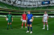 15 September 2021; Garry Ringrose of Leinster, with from left, Paul Boyle of Connacht, Chris Farrell of Munster and Kieran Treadwell of Ulster during the United Rugby Championship launch at the Aviva Stadium in Dublin. Photo by Brendan Moran/Sportsfile