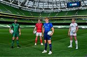15 September 2021; Garry Ringrose of Leinster, with from left, Paul Boyle of Connacht, Chris Farrell of Munster and Kieran Treadwell of Ulster during the United Rugby Championship launch at the Aviva Stadium in Dublin. Photo by Brendan Moran/Sportsfile