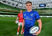 15 September 2021; Garry Ringrose of Leinster and Chris Farrell of Munster, left, during the United Rugby Championship launch at the Aviva Stadium in Dublin. Photo by Brendan Moran/Sportsfile