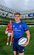 15 September 2021; Garry Ringrose of Leinster and Chris Farrell of Munster, left, during the United Rugby Championship launch at the Aviva Stadium in Dublin. Photo by Brendan Moran/Sportsfile