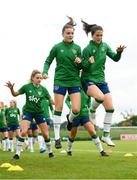 15 September 2021; Clare Shine and Niamh Fahey, right, during a Republic of Ireland training session at the FAI National Training Centre in Abbotstown, Dublin. Photo by Stephen McCarthy/Sportsfile