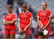 12 September 2021; Cork players, from left, Aoife O'Neill, Meabh Cahalane and Aisling Egan react after their defeat in the All-Ireland Senior Camogie Championship Final match between Cork and Galway at Croke Park in Dublin. Photo by Ben McShane/Sportsfile