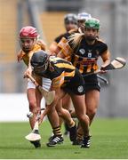 12 September 2021; Sarah Walsh of Kilkenny and Christine Laverty of Antrim during the All-Ireland Intermediate Camogie Championship Final match between Antrim and Kilkenny at Croke Park in Dublin. Photo by Ben McShane/Sportsfile