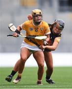 12 September 2021; Maeve Kelly of Antrim and Tiffanie Fitzgerald of Kilkenny during the All-Ireland Intermediate Camogie Championship Final match between Antrim and Kilkenny at Croke Park in Dublin. Photo by Ben McShane/Sportsfile