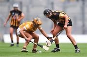 12 September 2021; Maeve Kelly of Antrim and Tiffanie Fitzgerald of Kilkenny during the All-Ireland Intermediate Camogie Championship Final match between Antrim and Kilkenny at Croke Park in Dublin. Photo by Ben McShane/Sportsfile