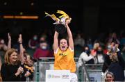 12 September 2021; Antrim captain Lucia McNaughton lifts the Jack McGrath Cup cup after the All-Ireland Intermediate Camogie Championship Final match between Antrim and Kilkenny at Croke Park in Dublin. Photo by Ben McShane/Sportsfile
