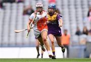 12 September 2021; Eimear Smyth of Armagh and Clodagh Jackman of Wexford during the All-Ireland Premier Junior Camogie Championship Final match between Armagh and Wexford at Croke Park in Dublin. Photo by Ben McShane/Sportsfile