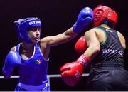 17 September 2021; Sara Haghighat-Jo of St Brigid's Boxing Club in Edenderry, Offaly, left, and Clodagh McComiskey of Gilford Boxing Club, Down, during their 54kg bout during the IABA National Championships Preliminaries at the National Boxing Stadium in Dublin. Photo by Piaras Ó Mídheach/Sportsfile