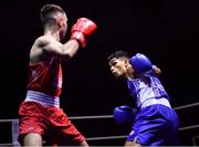 17 September 2021; Teo Allen of Cookstown Boxing Club, Tyrone, right, and Thomas McCann of St Paul’s Boxing Club, Antrim, during their 60kg bout during the IABA National Championships Preliminaries at the National Boxing Stadium in Dublin. Photo by Piaras Ó Mídheach/Sportsfile