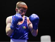 17 September 2021; Jude Gallagher of Two Castles Boxing Club, Tyrone, during his 57kg bout against Patryk Adamus of Drimnagh Boxing Club, Dublin, during the IABA National Championships Preliminaries at the National Boxing Stadium in Dublin. Photo by Piaras Ó Mídheach/Sportsfile
