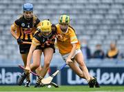 12 September 2021; Aine Magill of Antrim in action against Niamh Leahy and Ciara Murphy, left, of Kilkenny during the All-Ireland Intermediate Camogie Championship Final match between Antrim and Kilkenny at Croke Park in Dublin. Photo by Piaras Ó Mídheach/Sportsfile