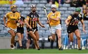 12 September 2021; Lucia McNaughton of Antrim in action against Caoimhe Dowling, 20, and Jennifer Leahy of Kilkenny during the All-Ireland Intermediate Camogie Championship Final match between Antrim and Kilkenny at Croke Park in Dublin. Photo by Piaras Ó Mídheach/Sportsfile
