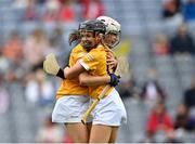 12 September 2021; Antrim players Catrine Dobbin and Laoise McKenna, behind, celebrate after their side's victory in the All-Ireland Intermediate Camogie Championship Final match between Antrim and Kilkenny at Croke Park in Dublin. Photo by Piaras Ó Mídheach/Sportsfile