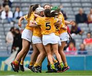 12 September 2021; Antrim players celebrate after their side's victory in the All-Ireland Intermediate Camogie Championship Final match between Antrim and Kilkenny at Croke Park in Dublin. Photo by Piaras Ó Mídheach/Sportsfile