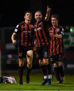 17 September 2021; Keith Buckley of Bohemians celebrates with team-mates Keith Ward, centre, and Aaron Doran, right, after scoring their opening goal during the extra.ie FAI Cup Quarter-Final match between Bohemians and Maynooth University Town at Dalymount Park in Dublin. Photo by Stephen McCarthy/Sportsfile