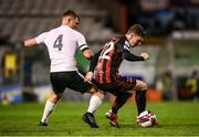 17 September 2021; Jamie Mullins of Bohemians in action against Conor Dunne of Maynooth University Town during the extra.ie FAI Cup Quarter-Final match between Bohemians and Maynooth University Town at Dalymount Park in Dublin. Photo by Stephen McCarthy/Sportsfile