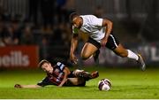 17 September 2021; Sven Biansumba of Maynooth University Town in action against Tyreke Wilson of Bohemians during the extra.ie FAI Cup Quarter-Final match between Bohemians and Maynooth University Town at Dalymount Park in Dublin. Photo by Stephen McCarthy/Sportsfile