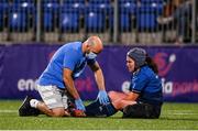 11 September 2021; Christy Haney of Leinster is treated by Leinster physiotherapist Barry Smith during the Vodafone Women’s Interprovincial Championship Round 3 match between Leinster and Munster at Energia Park in Dublin. Photo by Harry Murphy/Sportsfile