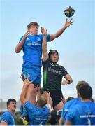 18 September 2021; Conor Ó Tighearnaigh of Leinster takes possession in a line-out ahead of Ciaran Booth of Connacht during the Development Interprovincial match between Leinster XV and Connacht XV at the IRFU High Performance Centre, on the Sport Ireland Campus in Dublin. Photo by Seb Daly/Sportsfile