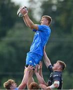 18 September 2021; Fionn McWey of Leinster takes possession in a line-out during the Development Interprovincial match between Leinster XV and Connacht XV at the IRFU High Performance Centre, on the Sport Ireland Campus in Dublin. Photo by Seb Daly/Sportsfile
