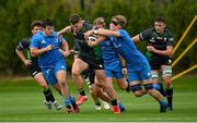 18 September 2021; Peter Sullivan of Connacht is tackled by Will McDonald of Leinster during the Development Interprovincial match between Leinster XV and Connacht XV at the IRFU High Performance Centre, on the Sport Ireland Campus in Dublin. Photo by Seb Daly/Sportsfile