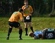 18 September 2021; Conor Duggan of Leinster scores his side's only try during the Development Interprovincial match between Leinster XV and Connacht XV at the IRFU High Performance Centre, on the Sport Ireland Campus in Dublin. Photo by Seb Daly/Sportsfile