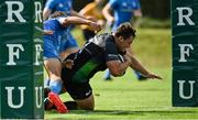 18 September 2021; Greg McGrath of Connacht dives over to score his side's eighth try during the Development Interprovincial match between Leinster XV and Connacht XV at the IRFU High Performance Centre, on the Sport Ireland Campus in Dublin. Photo by Seb Daly/Sportsfile