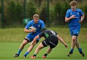 18 September 2021; Fionn McWey of Leinster in action against Jonny Murphy of Connacht during the Development Interprovincial match between Leinster XV and Connacht XV at the IRFU High Performance Centre, on the Sport Ireland Campus in Dublin. Photo by Seb Daly/Sportsfile