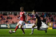 17 September 2021; Chris Forrester of St Patrick's Athletic in action against Harry Groome of Wexford during the extra.ie FAI Cup Quarter-Final match between St Patrick's Athletic and Wexford at Richmond Park in Dublin. Photo by Ben McShane/Sportsfile