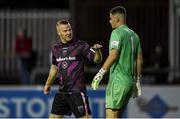 17 September 2021; Lorcan Fitzgerald of Wexford in conversation with Wexford goalkeeper Jimmy Corcoran during the extra.ie FAI Cup Quarter-Final match between St Patrick's Athletic and Wexford at Richmond Park in Dublin. Photo by Ben McShane/Sportsfile