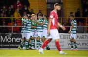18 September 2021; Rory Gaffney, centre, celebrates with his Shamrock Rovers team-mates after scoring his side's first goal during the SSE Airtricity League Premier Division match between Sligo Rovers and Shamrock Rovers at The Showgrounds in Sligo. Photo by Stephen McCarthy/Sportsfile