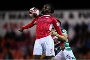 18 September 2021; Andre Wright of Sligo Rovers in action against Lee Grace of Shamrock Rovers during the SSE Airtricity League Premier Division match between Sligo Rovers and Shamrock Rovers at The Showgrounds in Sligo. Photo by Stephen McCarthy/Sportsfile