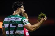 18 September 2021; Richie Towell of Shamrock Rovers holds part of the pitch during the SSE Airtricity League Premier Division match between Sligo Rovers and Shamrock Rovers at The Showgrounds in Sligo. Photo by Stephen McCarthy/Sportsfile