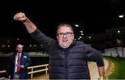 18 September 2021; Trainer Eoin McKenna celebrates after sending out Susie Sapphire to win the 2021 Boylesports Irish Greyhound Derby Final at Shelbourne Park in Dublin. Photo by Harry Murphy/Sportsfile