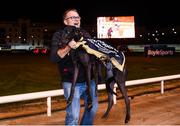 18 September 2021; Trainer Eoin McKenna celebrates with Susie Sapphire after winning the 2021 Boylesports Irish Greyhound Derby Final at Shelbourne Park in Dublin. Photo by Harry Murphy/Sportsfile