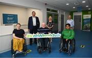 23 September 2021; Irish Wheelchair Association recently celebrated the refurbishment of the superb facilities in the Dr. Oliver Murphy Sports Centre, Clontarf, Dublin. The refurbishment was completed by charity partner John Paul Construction and gives the interior of the ground floor space a much-needed new look for the benefit of its many members and visitors. The work included the installation of a new reception area, new flooring and a paint upgrade of the interior area. With the facility serving many Irish Wheelchair Association members and the local community for a variety of activities including a full accessible and inclusive gym, a full-sized sports hall for a wide range of wheelchair sports and other sports clubs, the new look gives a warm welcome to everyone who visits. Pictured at the launch are, from left, Paralympian Kerrie Leonard, Construction Director of JPC John Moran, IWA Sport Board Member Adrian O' Donoghue, Irish Wheelchair Association CEO Rosemary Keogh, Paralympian Britney Arendse, and IWA Director of Sport Nicky Hamill.  Photo by Harry Murphy/Sportsfile