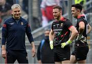 11 September 2021; Mayo manager James Horan with his goalkeepers Rob Hennelly and Rory Byrne, right, before the GAA Football All-Ireland Senior Championship Final match between Mayo and Tyrone at Croke Park in Dublin. Photo by Piaras Ó Mídheach/Sportsfile