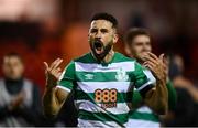18 September 2021; Roberto Lopes of Shamrock Rovers celebrates after his side's victory in the SSE Airtricity League Premier Division match between Sligo Rovers and Shamrock Rovers at The Showgrounds in Sligo. Photo by Stephen McCarthy/Sportsfile
